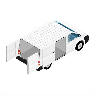 Kapıları açık, izometrik manzaralı yüksek detaylı bir kargo minibüsü. Marka ve Şirket kimlik tasarımı için Mockup Şablonu. Gerçekçi Beyaz Kargo Van.