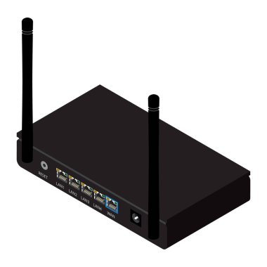 Anten izometrik görüşlü siyah gerçekçi kablosuz yönlendirici. Wi-Fi yönlendirici detaylı