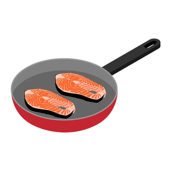 Two Fresh Fish Salmon Steaks Frying Pan Isometric View Isolated — Stock Photo, Image