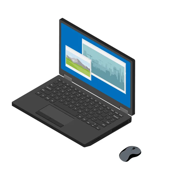 Computador Portátil Com Foto Paisagem Área Trabalho Mouse Computador Vista — Fotografia de Stock