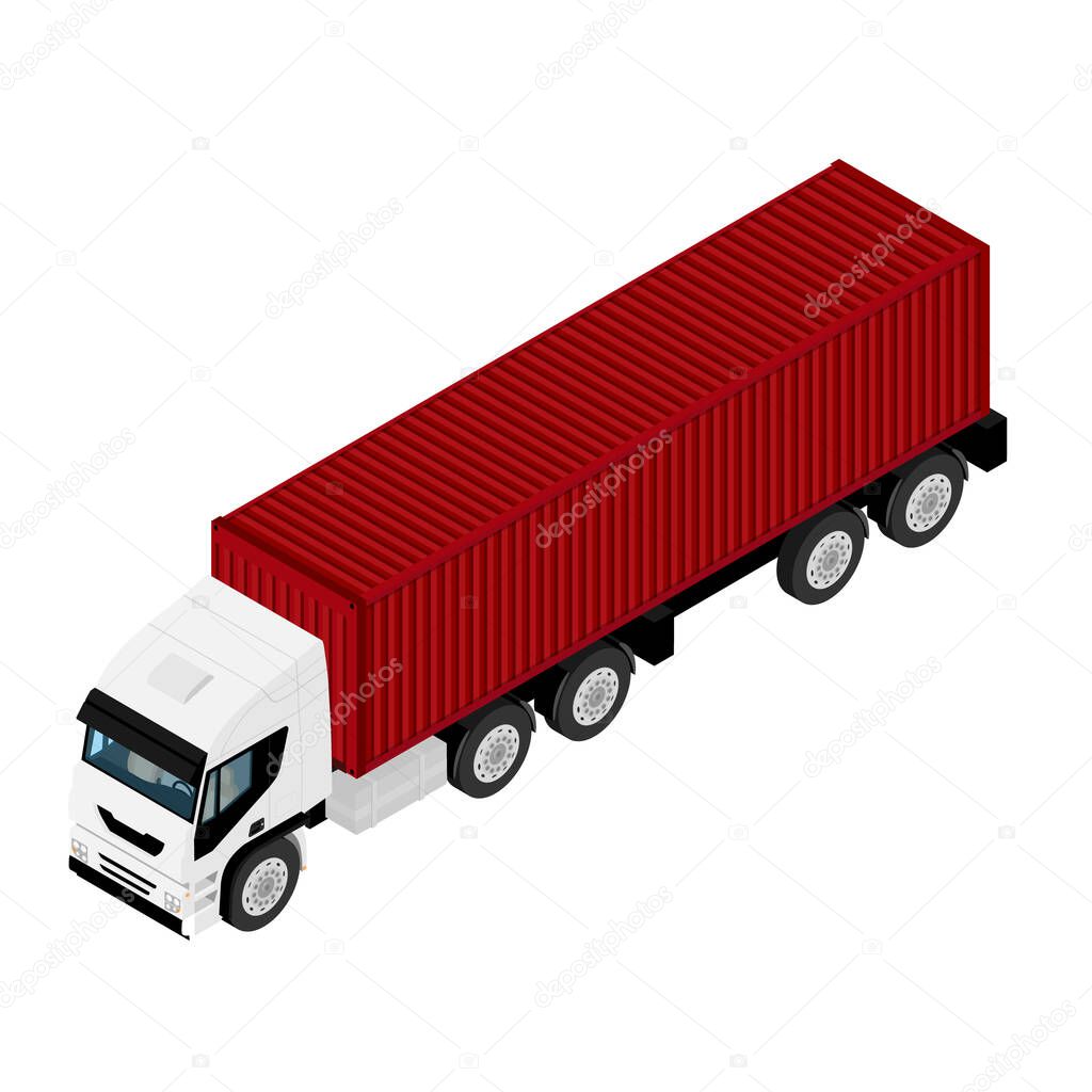 Isometric view white truck with red container isolated on white background