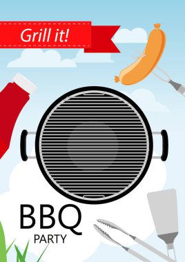 Izgara ve yiyecekle barbekü partisi davetiyesi. Barbekü posteri. Yemek broşürü..