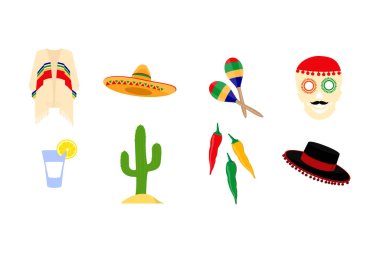 Meksika 'da Cinco de Mayo kutlaması, simgeler seti, tasarım unsuru, düz stil. Panço, sombrero, tekila, kaktüs, maraca ve kafatasıyla Cinco de Mayo için koleksiyon nesneleri.