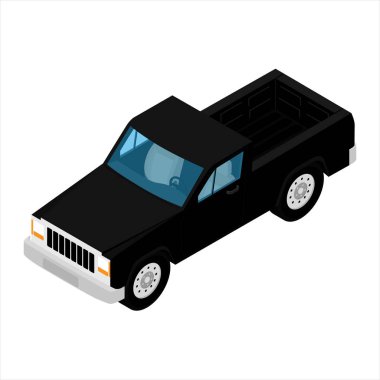 Siyah kamyonet, beyaz arka planda izole edilmiş araba izometrik görüntüsü.