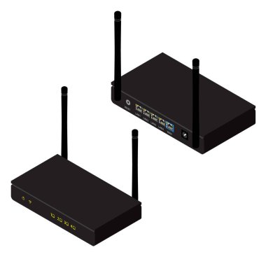 Önü ve arkası izometrik görüşlü siyah gerçekçi kablosuz yönlendirici. Wi-Fi yönlendirici detaylı