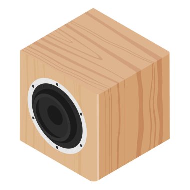 Subwoofer ahşap tasarım izometrik görünüm beyaz arkaplanda izole edildi. Profesyonel müzik stüdyosu ekipmanları