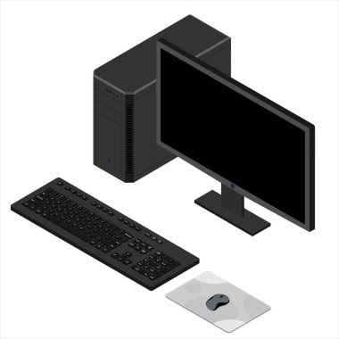Beyaz arka planda izole edilmiş kişisel bilgisayar kılıfı, keybord, fare ve monitör izometrik görünümü.