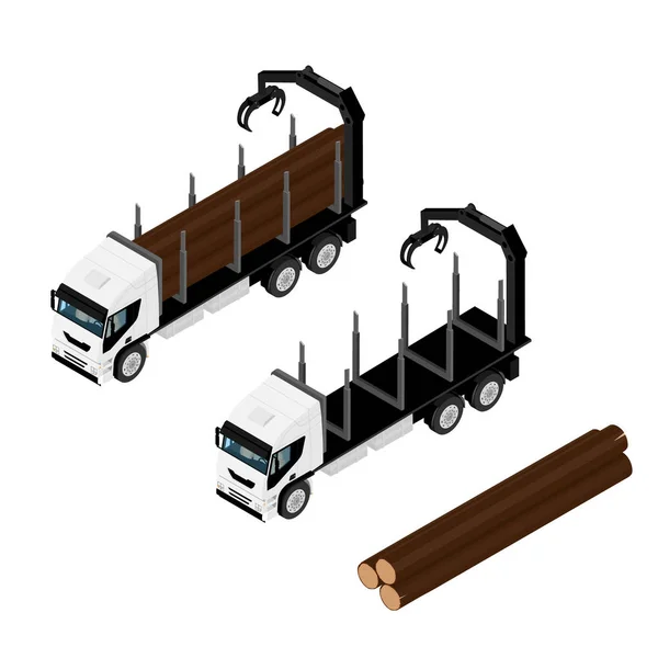 在白色背景上隔离逼真的高细节伐木卡车装载木材日志等轴测视图 — 图库照片