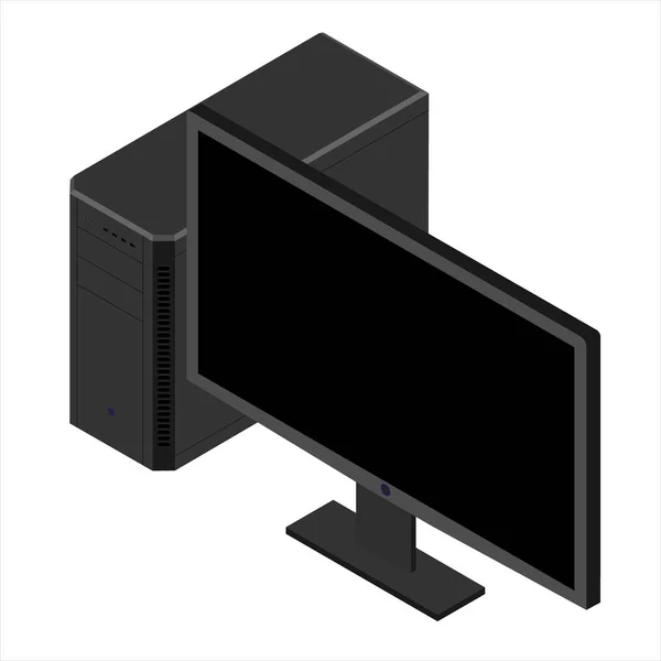 Fekete Személyi Számítógép Tok Monitor Izometrikus Nézet Elszigetelt Fehér Alapon — Stock Fotó