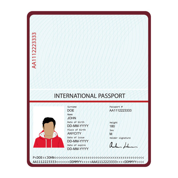 Passport with biometric data. Identification Document. international passport template with sample personal data page