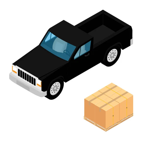 Fekete Pickup Teherautó Szállít Kartondobozok Izolált Fehér Háttér Izometrikus Nézet — Stock Fotó