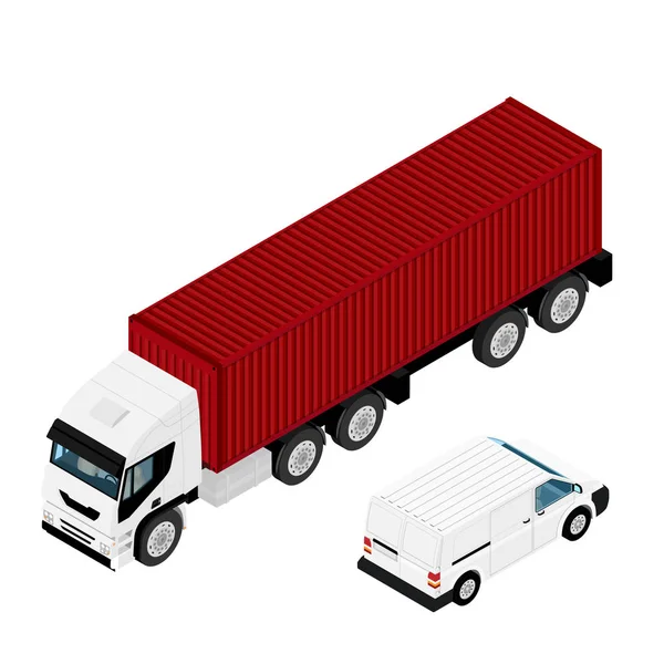 アイソメトリックビュー白い現実的な高詳細貨物輸送トラックと白の背景に隔離されたミニバン — ストック写真