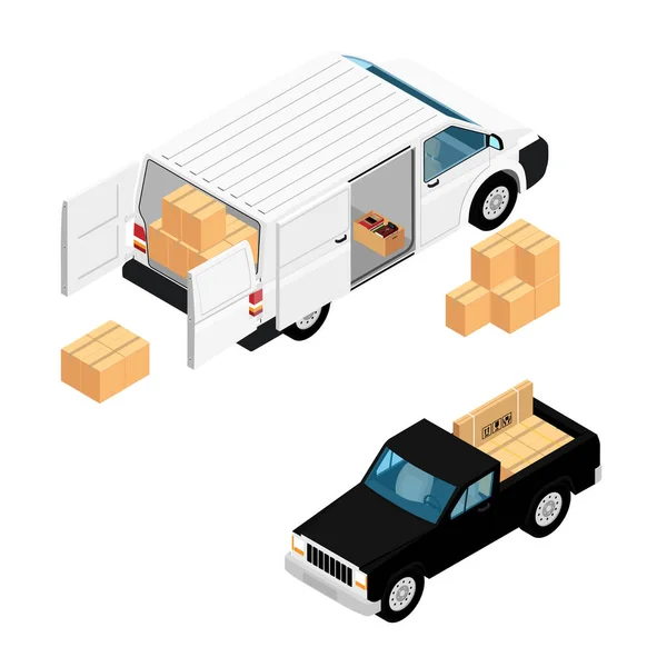 White minivan cargo delivery van and black pickup car deliver cardboard boxes isolated on white background isometric view