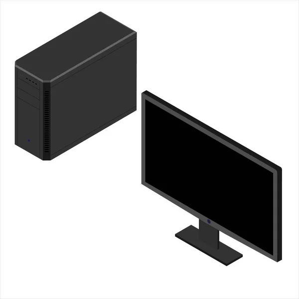 Schwarzes Gehäuse Und Monitor Isometrische Ansicht Isoliert Auf Weißem Hintergrund — Stockfoto