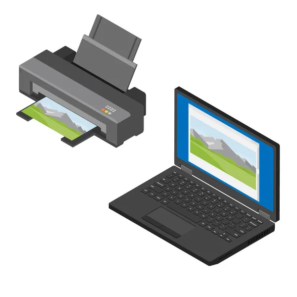 Realistische Isometrische Laptop Computer Und Drucker Hochwertiges Fotopapier Drucken — Stockfoto