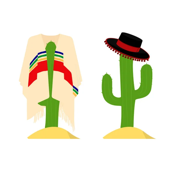 Grüner Kaktus Mexikanischem Poncho Isoliert Auf Weißem Hintergrund — Stockfoto