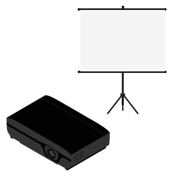 投影仪和屏幕等轴测视图 逼真的视频投影仪和白色空屏幕 — 图库照片
