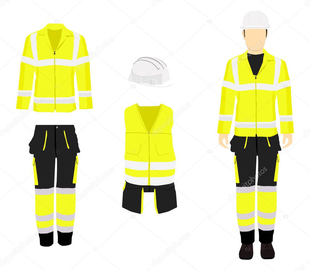 Man worker in uniform. Professional protective clothes and safety helmet. Man's figure.