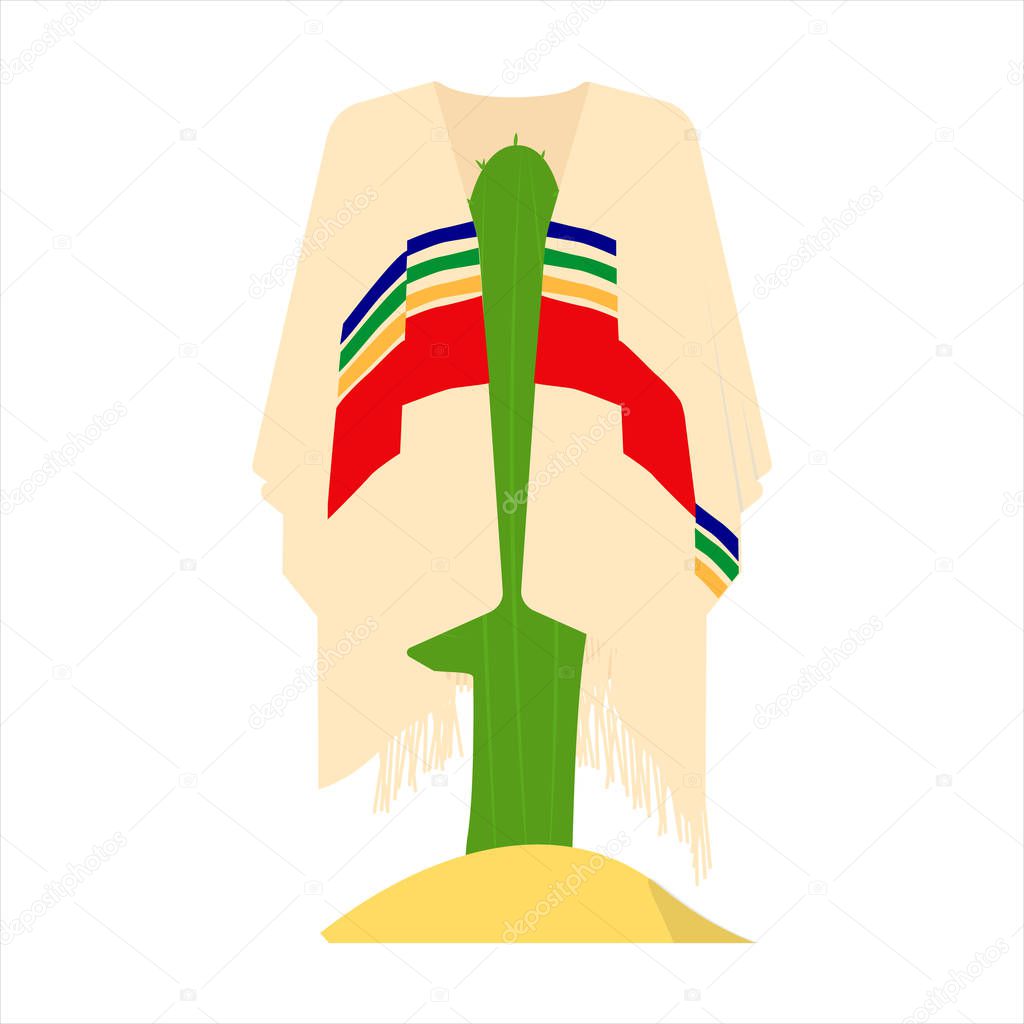 Green cactus in mexican poncho isolated on white background.
