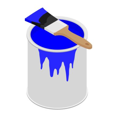 Mavi boyalı metal boya kutusu ve ahşap kabzalı boya fırçası.