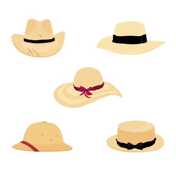 Çiftçilerin Bahçe Şapkaları Safari Şapka Kadın Hasır Şapka Sarı Plaj — Stok Vektör