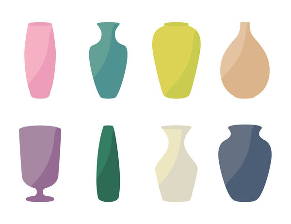 Ceramic vases collection. Colored ceramics vase, antique pottery cups isolated on white vector illustration.