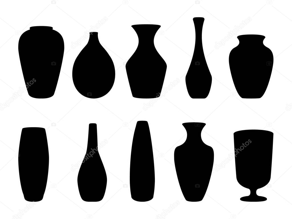 Ceramic vases collection. Black silhouette ceramics vase, antique pottery cups isolated on white vector illustration.