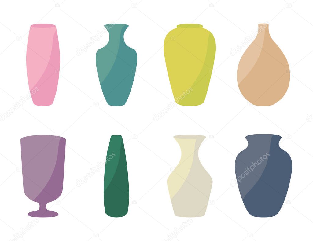 Ceramic vases collection. Colored ceramics vase, antique pottery cups isolated on white vector illustration.