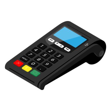 POS Terminal ödeme makinesi beyaz arka planda izole edilmiş. Banka Ödeme Terminali. NFC ödeme cihazı işleniyor. İzometrik görünüm