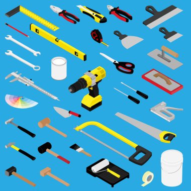 Beyaz arkaplan izometrik görünümünde izole edilmiş diy el araçları koleksiyonu
