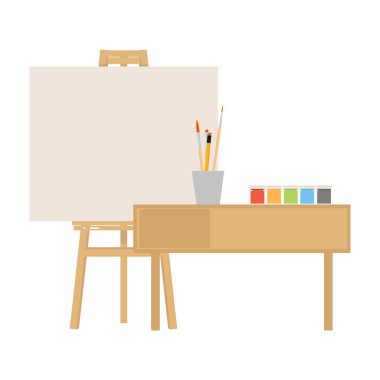Sanat stüdyosunun içi. Tuvalli, boyalı, fırçalı, sehpalı ve resimli yaratıcı atölye odası. Sanatçılar için tasarım salonu. Düz biçim vektör illüstrasyonu.