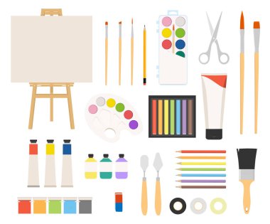 Ressam sanat aletleri. Resim sanatları araç gereçleri vektör çizimi. Suluboya tasarım sanatçıları malzemeleri, sehpa ve palet, boya fırçası ve çizim malzemeleri