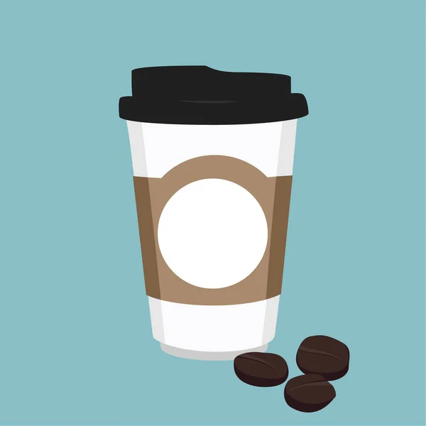 Vector Illustratie Wegwerp Koffiebeker Pictogram Met Koffiebonen Blauwe Achtergrond Koffiecup — Stockvector