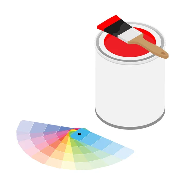 Lata Pintura Metal Con Pintura Roja Pincel Muestras Paleta Colores — Vector de stock