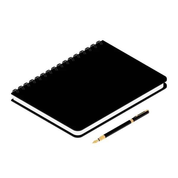 白色背景等视点上的黑色螺旋笔记本 隔离钢笔和钢笔 — 图库矢量图片