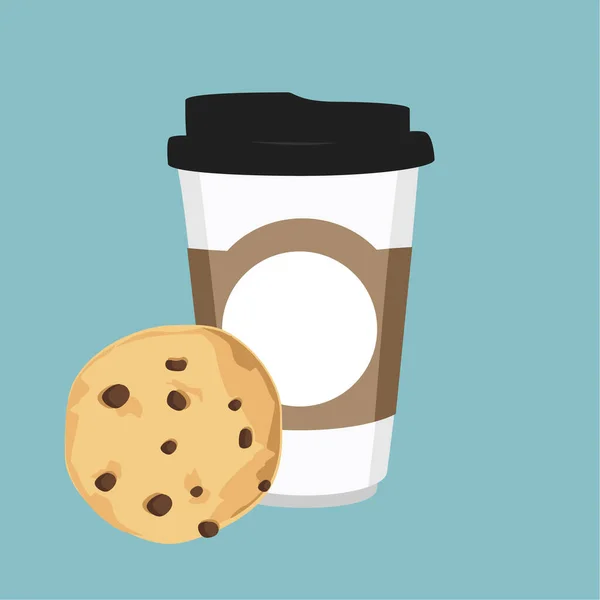 Vektor Illustration Engångs Kaffekopp Och Choklad Chip Cookie Blå Bakgrund — Stock vektor