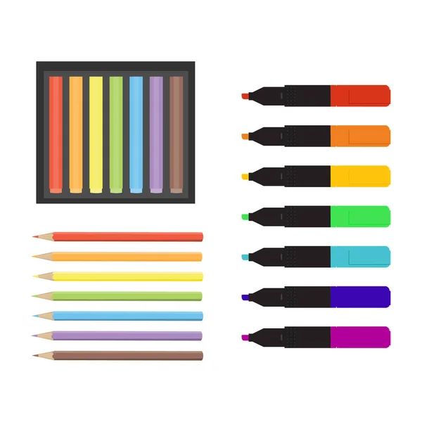 Art Tools Collection Markers Color Pencils Highlighter Crayons Stationery Vector — Stock Vector