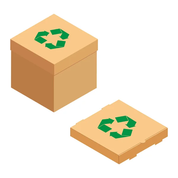 Χάρτινα Κουτιά Πράσινο Σύμβολο Ανακύκλωσης Που Απομονώνονται Λευκό Φόντο Ισομετρική — Διανυσματικό Αρχείο