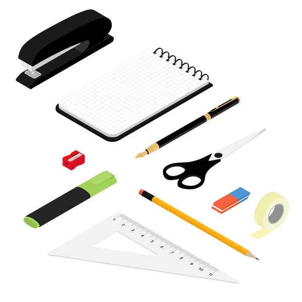 Isometric Office Stationery Set Collection Includes Adhesive Tape Stapler Ruler — Stock Vector