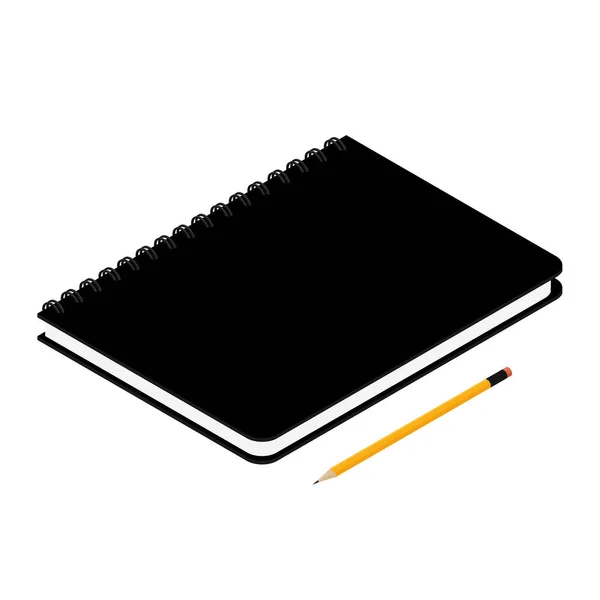 白色背景下的黑色螺旋笔记本电脑隔离和铅笔等距视图 — 图库矢量图片