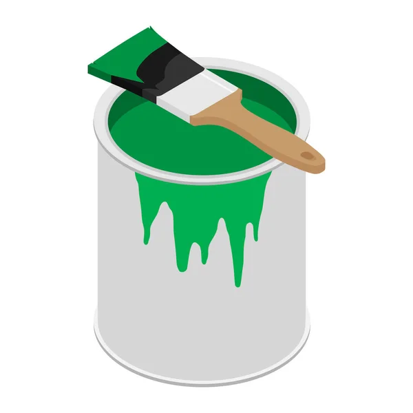 Metal Paint Can Green Paint Paintbrush Wooden Handle Vector Illustration — Stock Vector