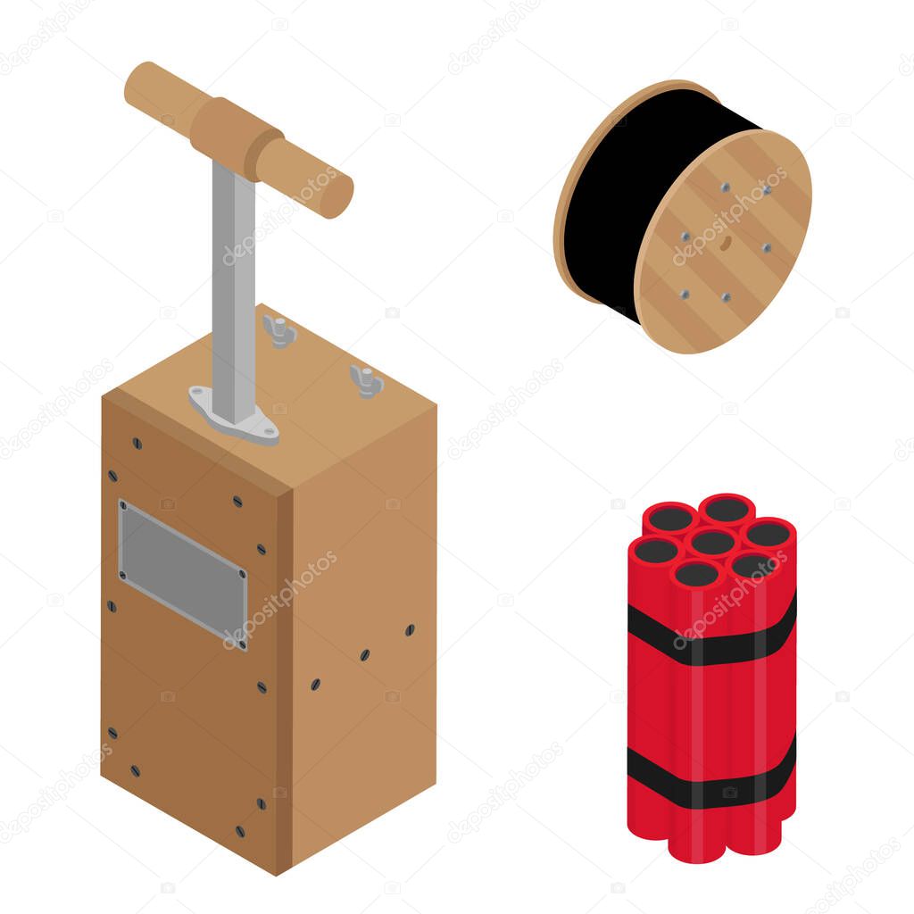 Blasting Machine or detonator box, dynamite sticks and black wire electric cable reel isolated on white background isometric view vector set. Caution explosive. 