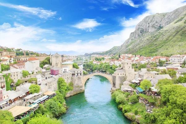Hermosa Vista Ciudad Medieval Mostar Desde Puente Viejo Bosnia Herzegovina —  Fotos de Stock