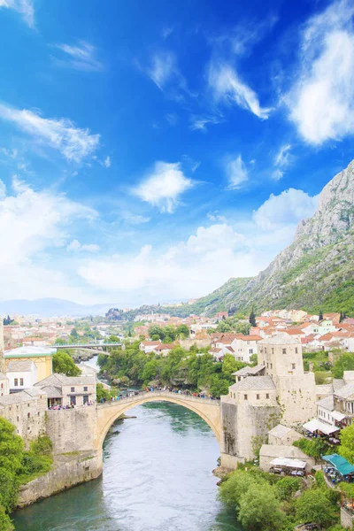 Vacker Utsikt Över Den Medeltida Staden Mostar Från Old Bridge — Stockfoto