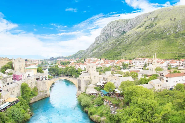Hermosa Vista Ciudad Medieval Mostar Desde Puente Viejo Bosnia Herzegovina —  Fotos de Stock