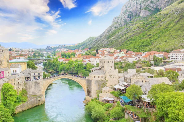 Vacker Utsikt Över Den Medeltida Staden Mostar Från Old Bridge — Stockfoto