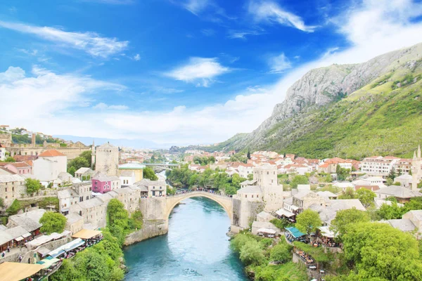 Vacker Utsikt Över Den Medeltida Staden Mostar Från Old Bridge — Stockfoto