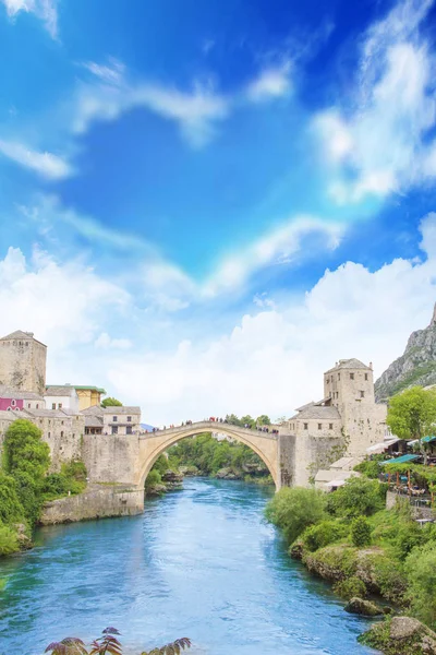 Hermosa Vista Ciudad Medieval Mostar Desde Puente Viejo Bosnia Herzegovina — Foto de Stock