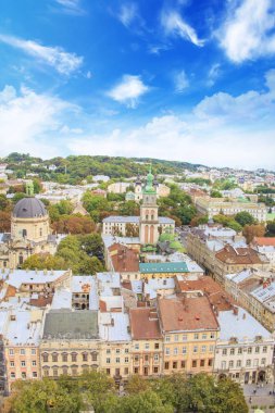 Dominik Katedrali, varsayım kilise ve tarihi merkezi Lviv, Ukrayna, güneşli bir günde güzel manzara