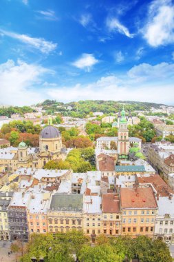 Dominik Katedrali, varsayım kilise ve tarihi merkezi Lviv, Ukrayna, güneşli bir günde güzel manzara